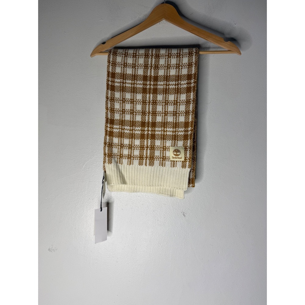 Timberland Mens Wheat Plaid Knit Scarf One Size FA23 Cream New with Tags